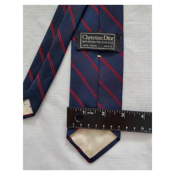 Vintage Christian Dior Men's Navy Blue and Red Striped Dior Tie - Picture 6 of 7